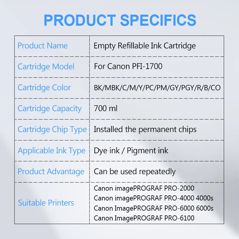 PFI-1700 PFI1700 Refillable Ink Cartridge With Permanent Chip For Canon PRO-2000 PRO-2100 PRO-4000 PRO-4000S PRO-6000 PRO-6100