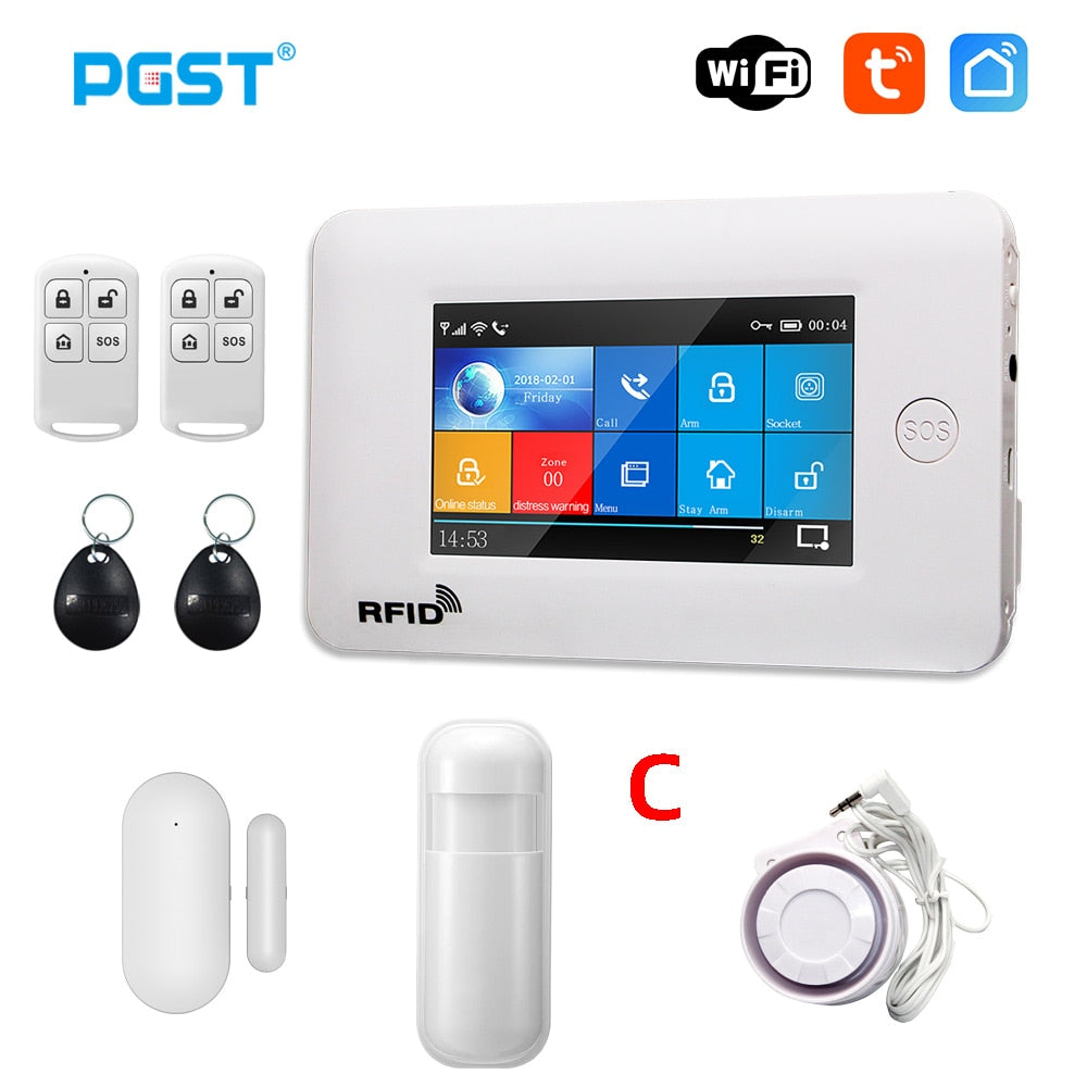 PGST 433MHz All Touch Screen Wireless WIFI GSM RFID Card Burglar Alarm System Smart Home Security DIY Alarm TUYA Smart Life