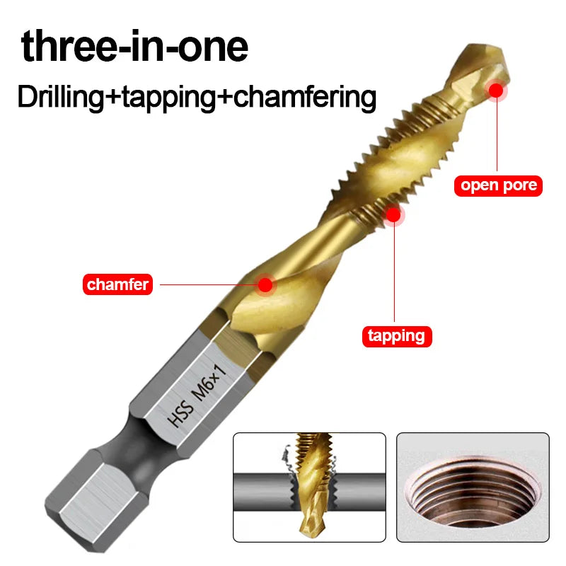 6Pcs Tap Drill Bit Hex Shank Titanium Plated HSS Screw Thread Bit Screw Machine Compound Tap M3 M4 M5 M6 M8 M10 Hand Tools