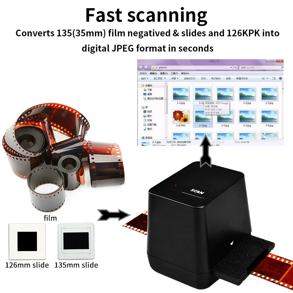 Portable Negative Film Scanners 35mm 135 Slide Film Converter Photo Digital Image 17.9 Mega Pixels Monochrome Slide Film Scanner