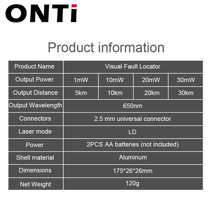 ONTi 30MW/20MW/10MW/5KM Visual Fault Locator,Fiber Optic Cable Tester 5-30KM Range,Red Laser Light Pen,Type SC/FC/ST