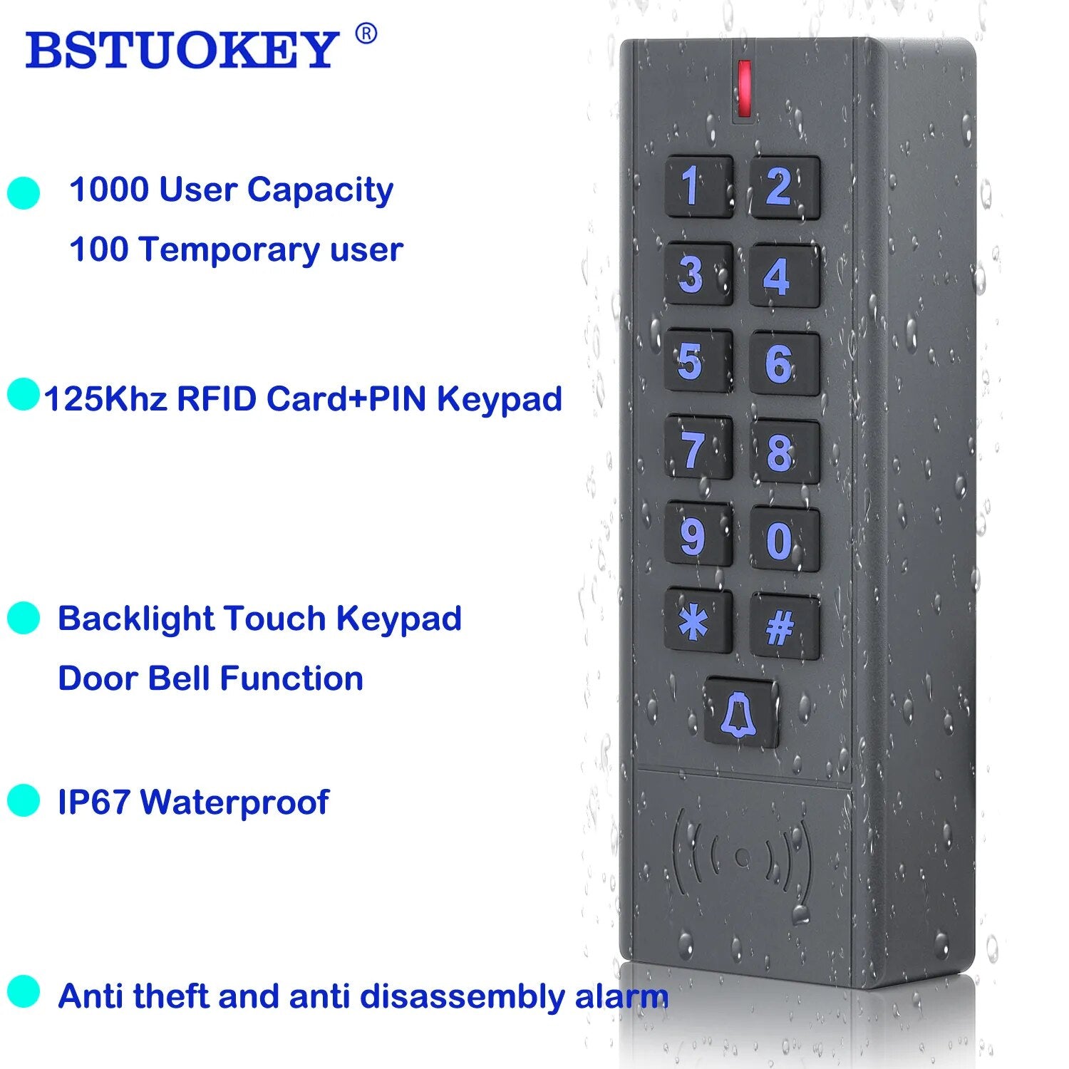 A9-S-EM 1000 User IP67 Waterproof Access Control Keypad Outdoor RFID Access Controller Door Opener System EM4100 125KHz Key Card