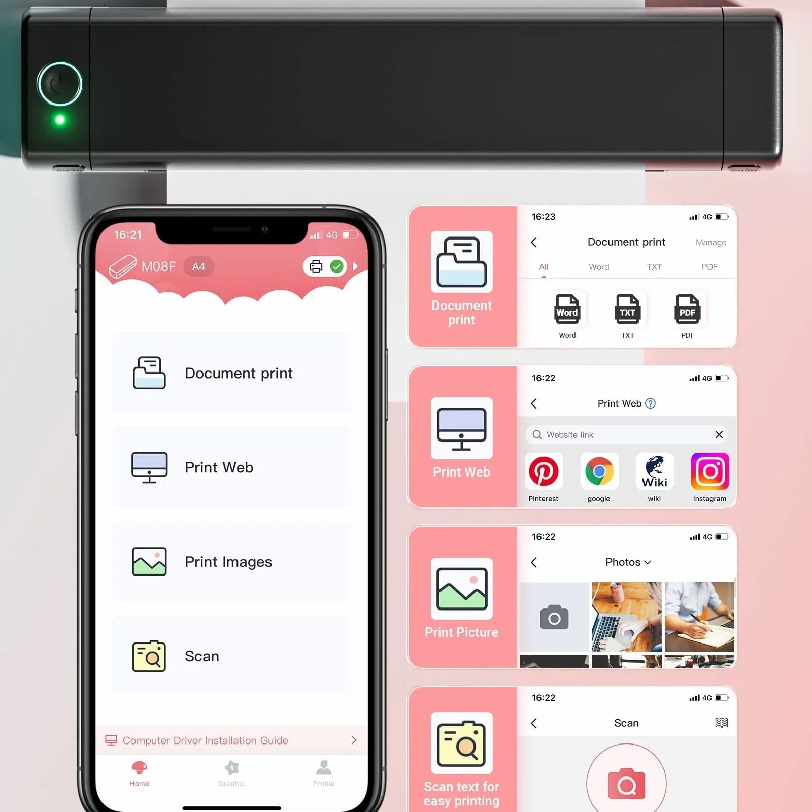 M08F A4 Thermal Printer Wireless Portable Handheld Bluetooth Mini Personal Home Office Printers HD Printing No Need To Use Ink