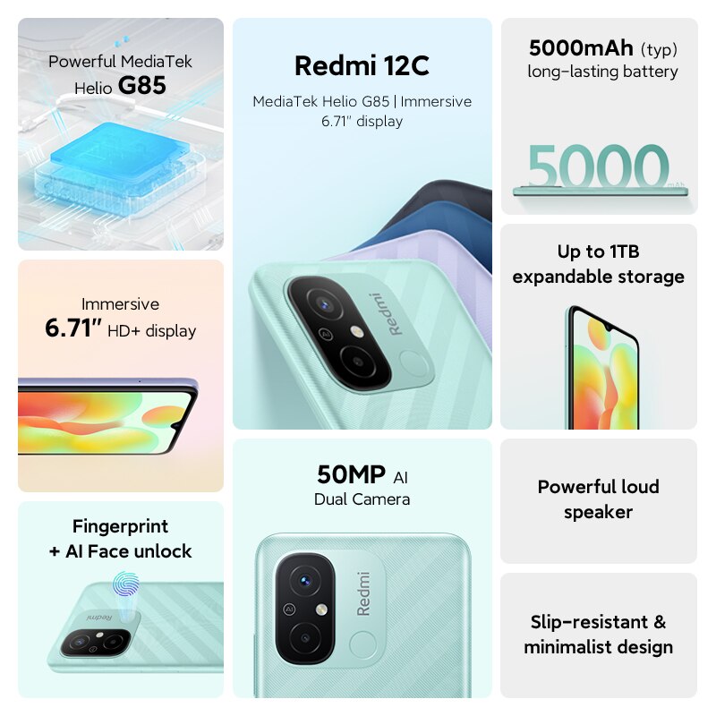 Global Version Xiaomi Redmi 12C 12 C Smartphone 50MP AI Camera MTK Helio G85 6.71 Inch Display 5000mAh Battery