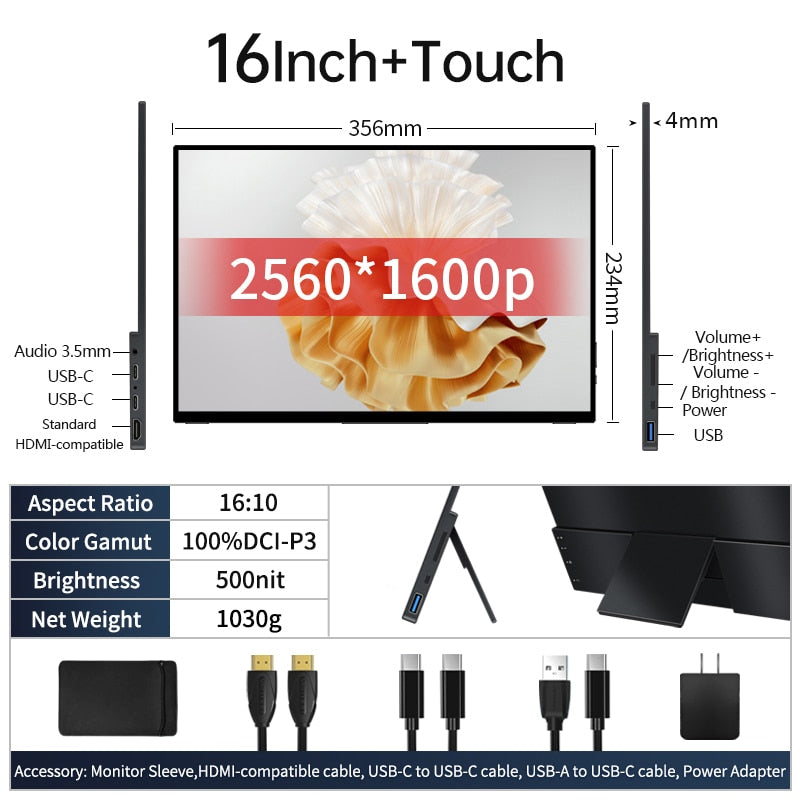 14 Inch 2.5K Portable Monitor 2560*1600 16:10 100%sRGB HDR 500Cd/m² Display Game Screen For Laptop Mac Phone Xbox PS4/5 Switch