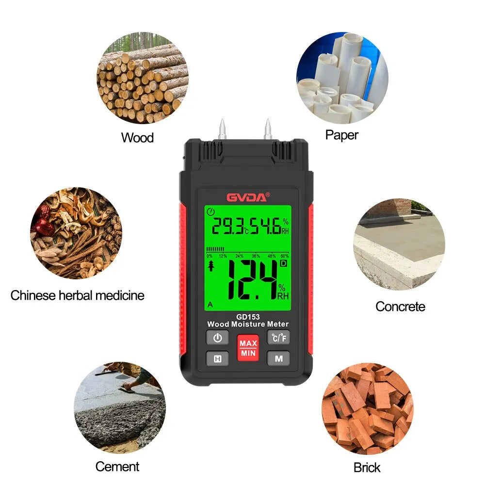 GVDA Digital Wood Moisture Meter Wood Humidity Tester Hygrometer Timber Damp Detector Larger LCD Cement Brick Moisture Meter