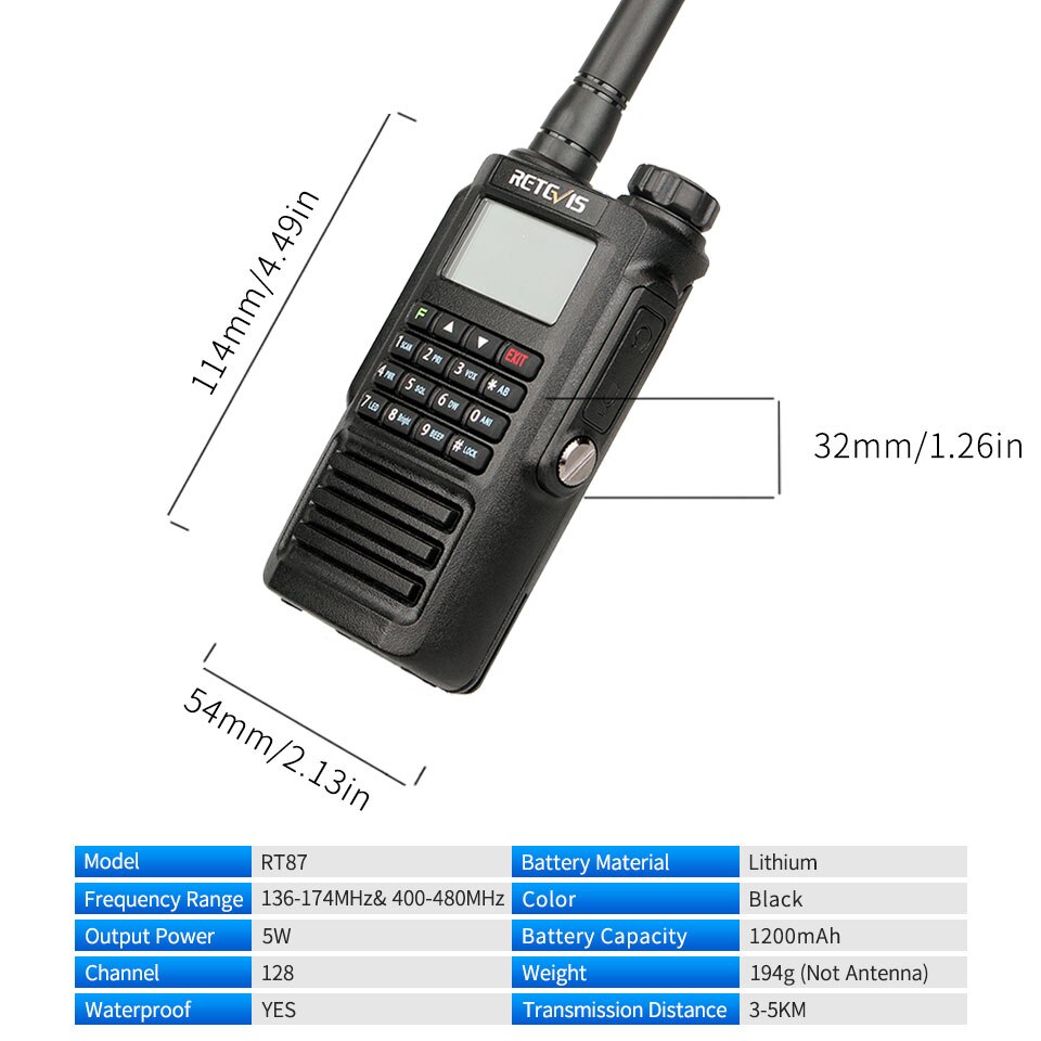 RETEVIS RT87 Walkie Talkie Waterproof IP67 Ham Radio Amador Two-Way Radio 5W VHF UHF Dual Band Analog Handy Ht Hunting Airsoft