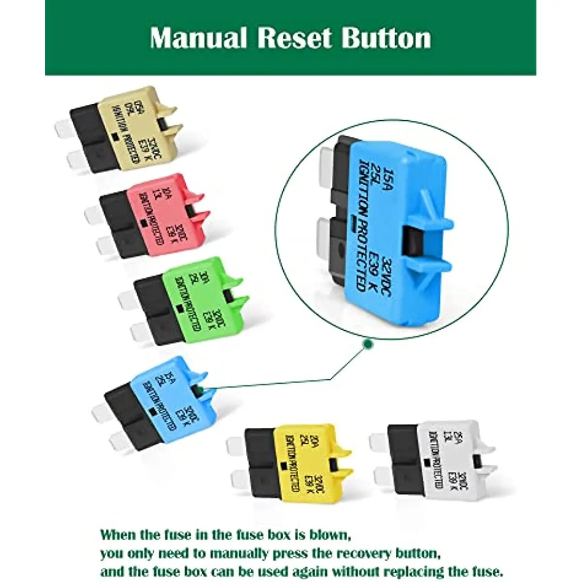 8 Packs Fuse Circuit Breaker Low Profile ATC/ATO Manual Resettable Fuse 5A 6A 7.5A 10A 15A 20A 25A 30A (Mixed) 12V-32V