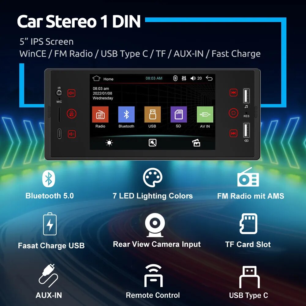 ESSGOO Car Radio 1 Din 5" HD Autoradio Multimedia Player IPS Touch Screen Auto Audio Car Stereo FM  For VW Nissan Toyota KIA