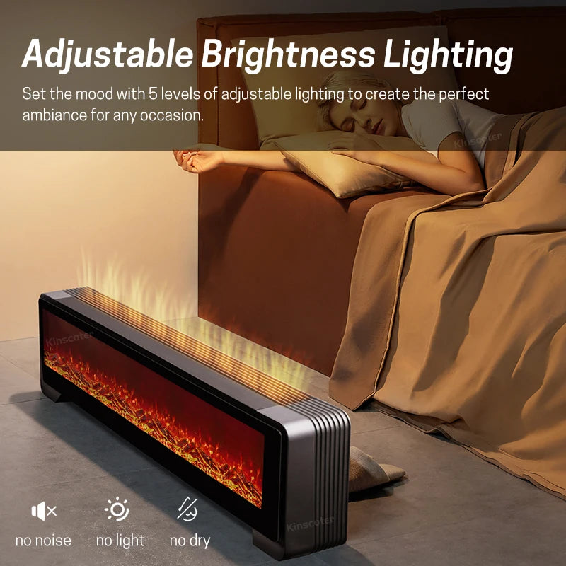 KINSCOTER Baseboard Heater Simulated Fireplace Lighting 2000W Electric Space Heater Floor Warmer Fan with Remote Control