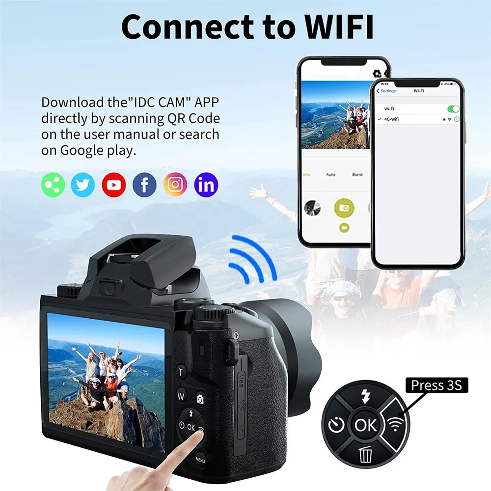 16X Zoom 64MP DSLR Camera For Photography Auto Focus 4K 60FPS Digital Video Camcorder 4.0 Inch Touch Screen Youtube SLR Recorder