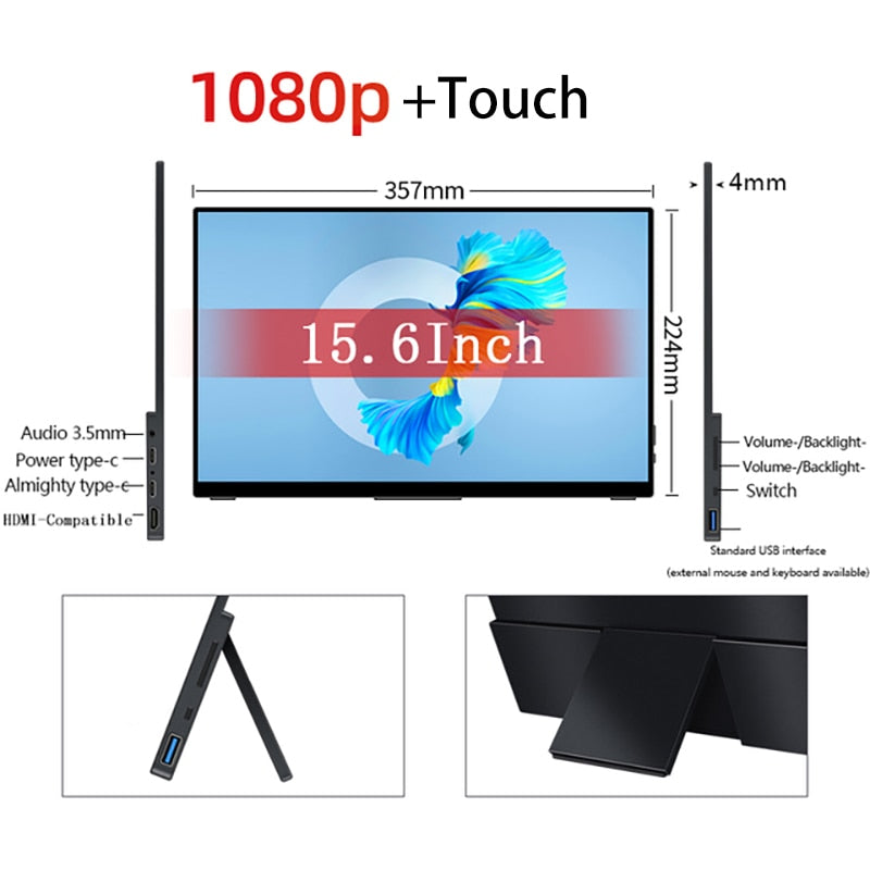 15.6 inch 1080p Touch Screen IPS Portable Monitor with HDR USB-C HDMI-Compatible for Mobile Laptop Xbox PS4/5 Switch Metal Shell