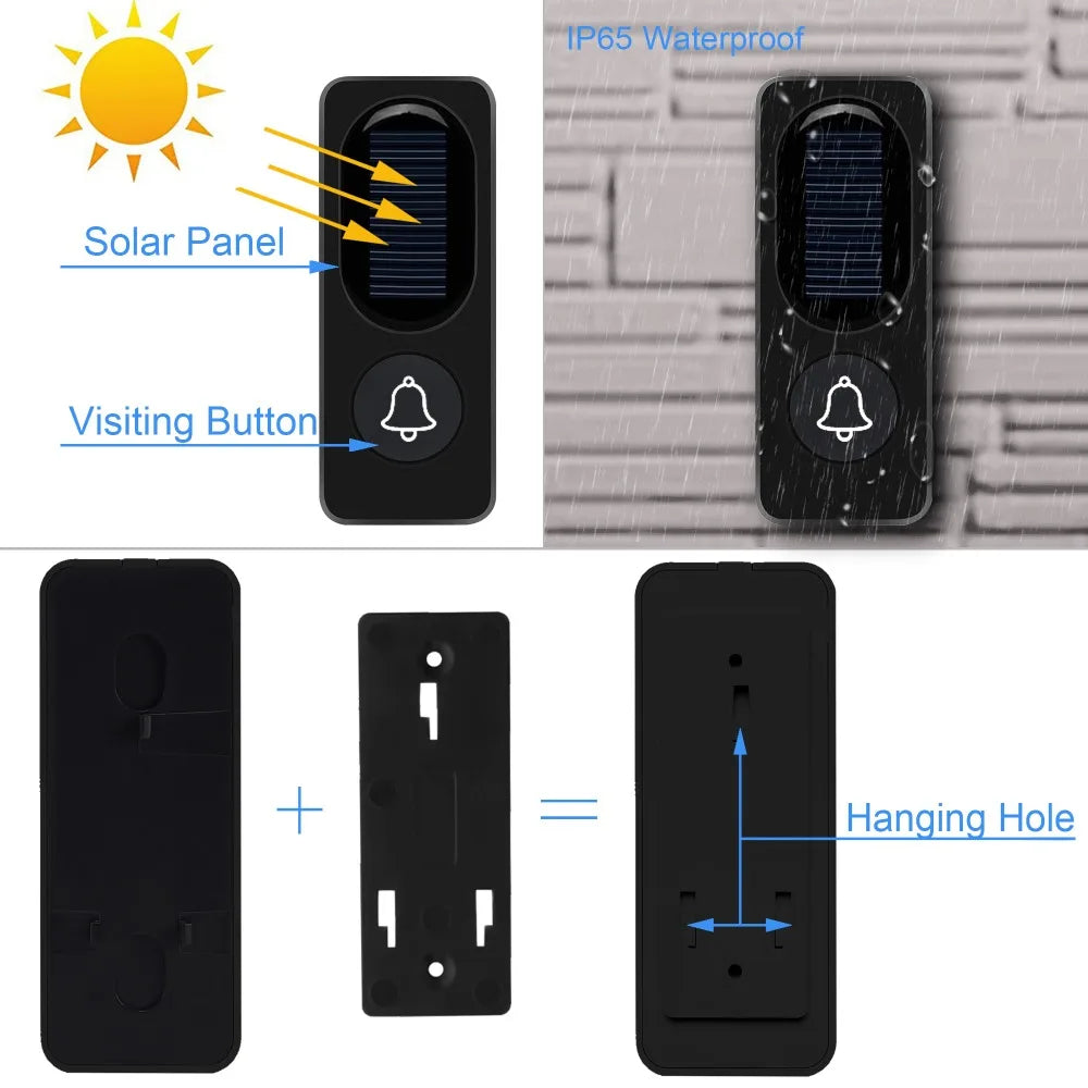 Wireless Solar Doorbell Home Door Bell IP65 Waterproof 200-300M Bell Chime Outdoor Doorbell Solar Power Charging With Light