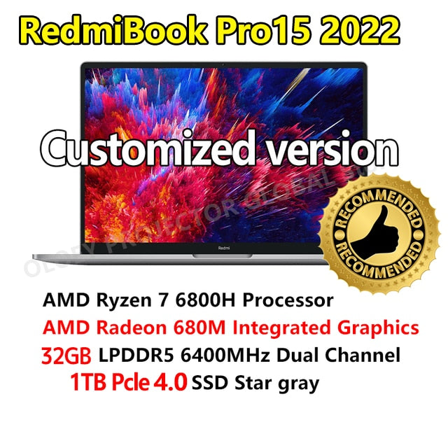 Xiaomi RedmiBook Laptop Pro15 Ryzen AMD R7-6800H/R5-6600H Radeon 680M/660M 3.2K Screen 15.6Inch 16/32G RAM 512G/2T SSD Notebook
