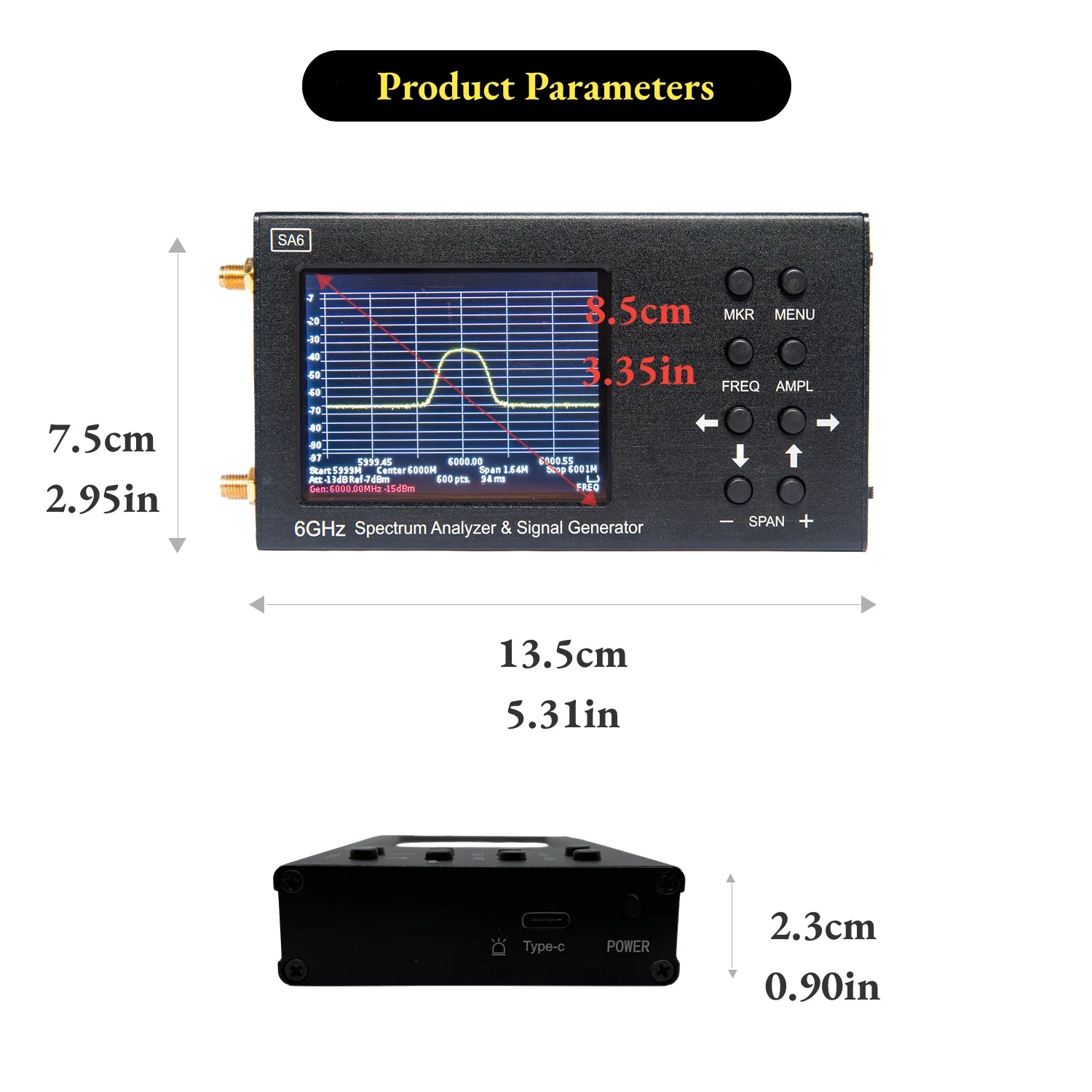 SA6 Handheld Spectrum Analyzer 6GHz, 2in1 Signal Generator,with 3.35-inch Touch Screen, PC Control,For laboratory Workshops