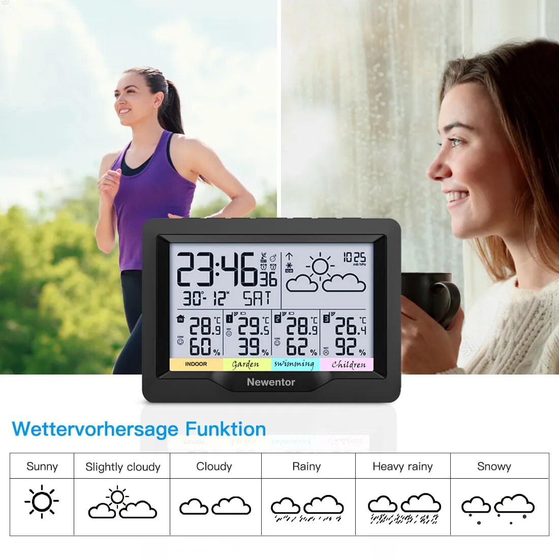 Newentor Q5 Professional  Weather Station  Indoor Outdoor Digital Forecast Hygrometer Humidity Temperature Display 3 Sensor Auto
