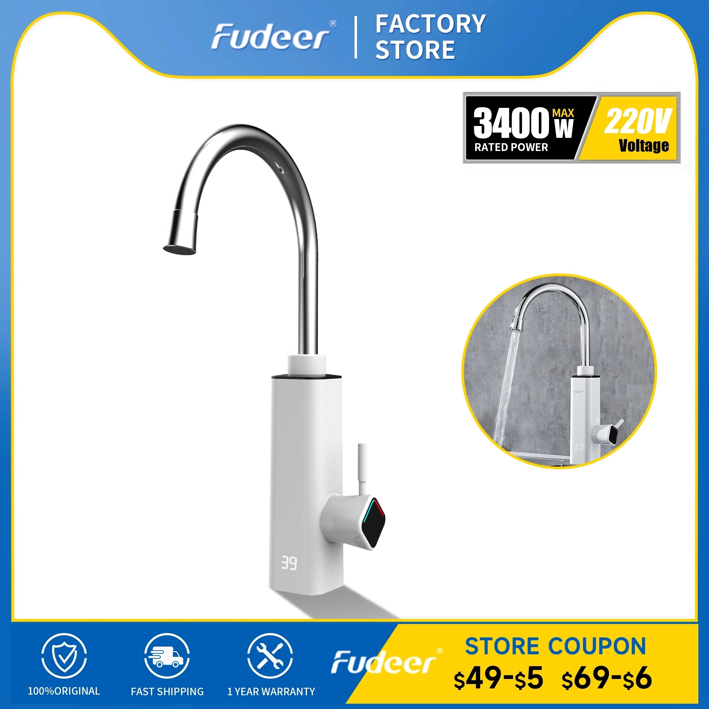 Fudeer Instant Hot Water Tap 220v Electric Kitchen Water Heating Faucet Tankless Fast Hot Water Heater with Digital Display