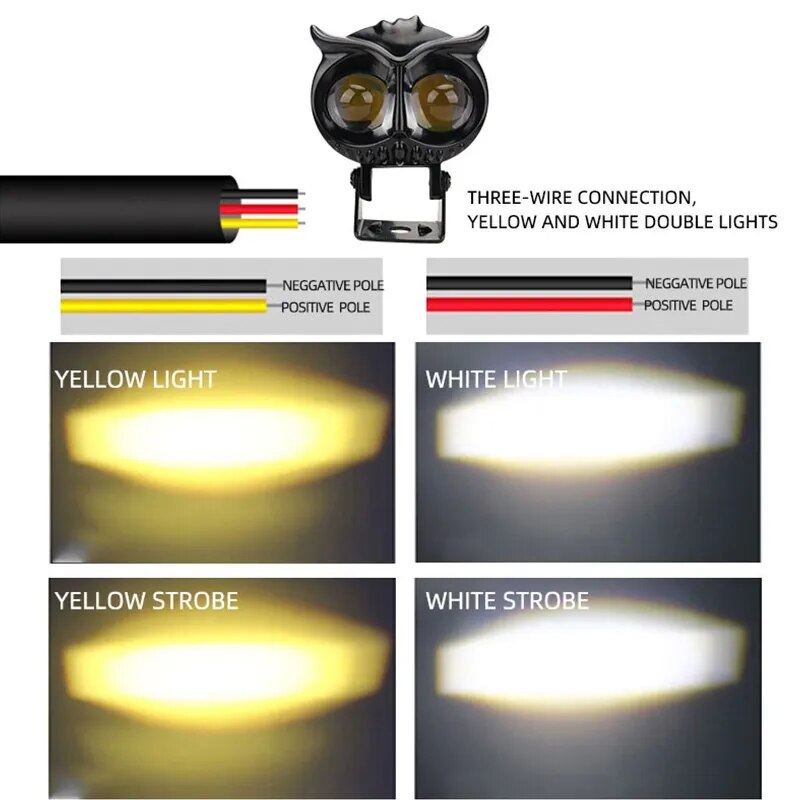 1PCS Dual Color Motorcycle Headlight Owl Design 4 Modes Auxiliary Spotlights Motorbike Scooter Fog Lamp Running Lights