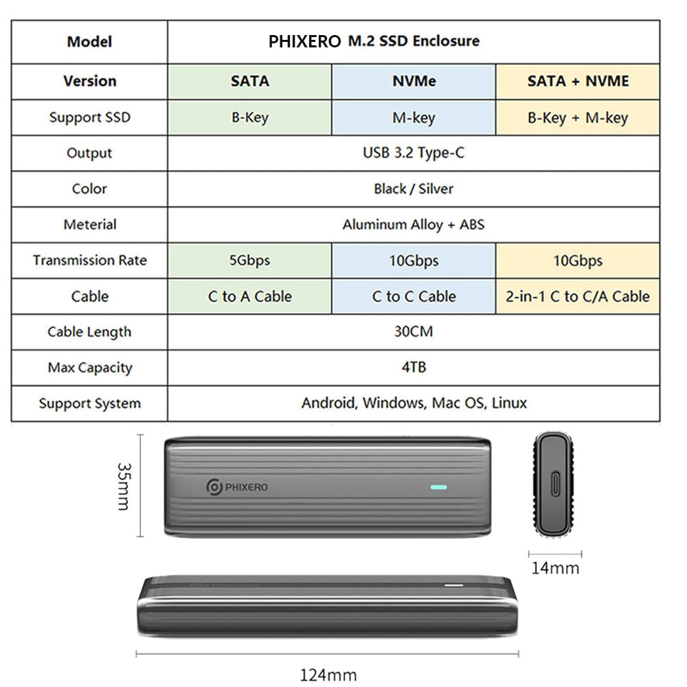 PHIXERO M.2 NVMe SATA SSD Enclosure Dual Portocol NVMe to USB Adapter 10Gbps USB 3.1 Gen2 USB C External Case Box Aluminum alloy