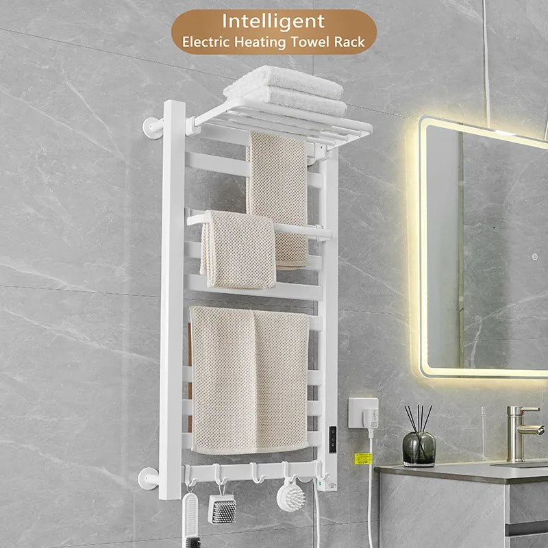 White Electric Heated Towel Rail Smart Electric Towel Rack Bathroom Cloth Screen Dryer Towel Radiator Nail Free Bath Towel Dryer