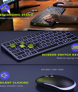 Wireless Keyboard and Mouse Combo 2.4G USB Silent Backlit Keyboard and Mouse Rechargeable Full-Size Slim Keyboard & Mouse Set