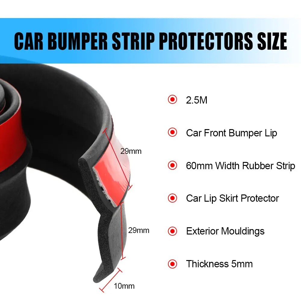 2.5M Car Front Bumper Lip Rubber Strip 60mm Width Lips Skirt Protector Exterior Mouldings Auto Stickers Accessories Universal