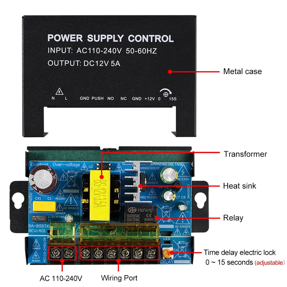 DC 12V Access Control Power Supply Switch 5A 3A Output AC110V-240V Input Power Source Supplier Adapter for Video Intercom System