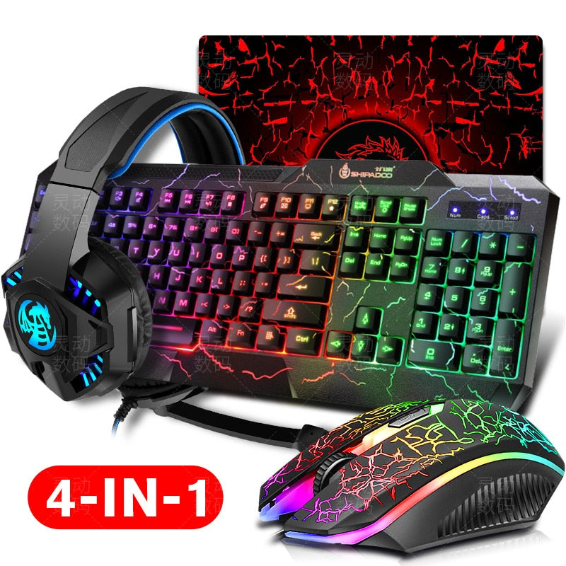 4 In1 Gaming Keyboard Mouse LED Breathing Backlight Ergonomics Pro Combos USB Wired Full Key Professional Mouse Keyboard Teclado