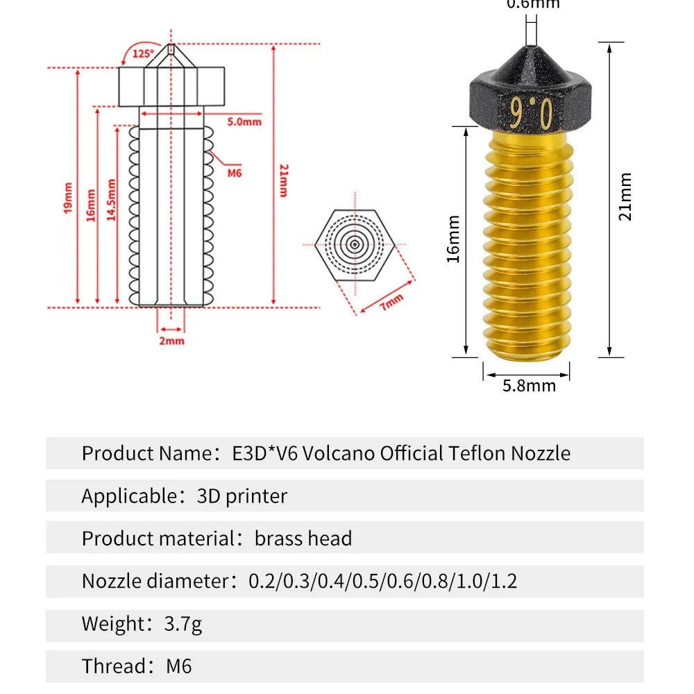 High Quality 2pcs E3D Volcano Hardened Steel Nozzle 3D Printer Parts Hotend M6 Brass E3D Volcano Nozzles For 1.75mm Filament