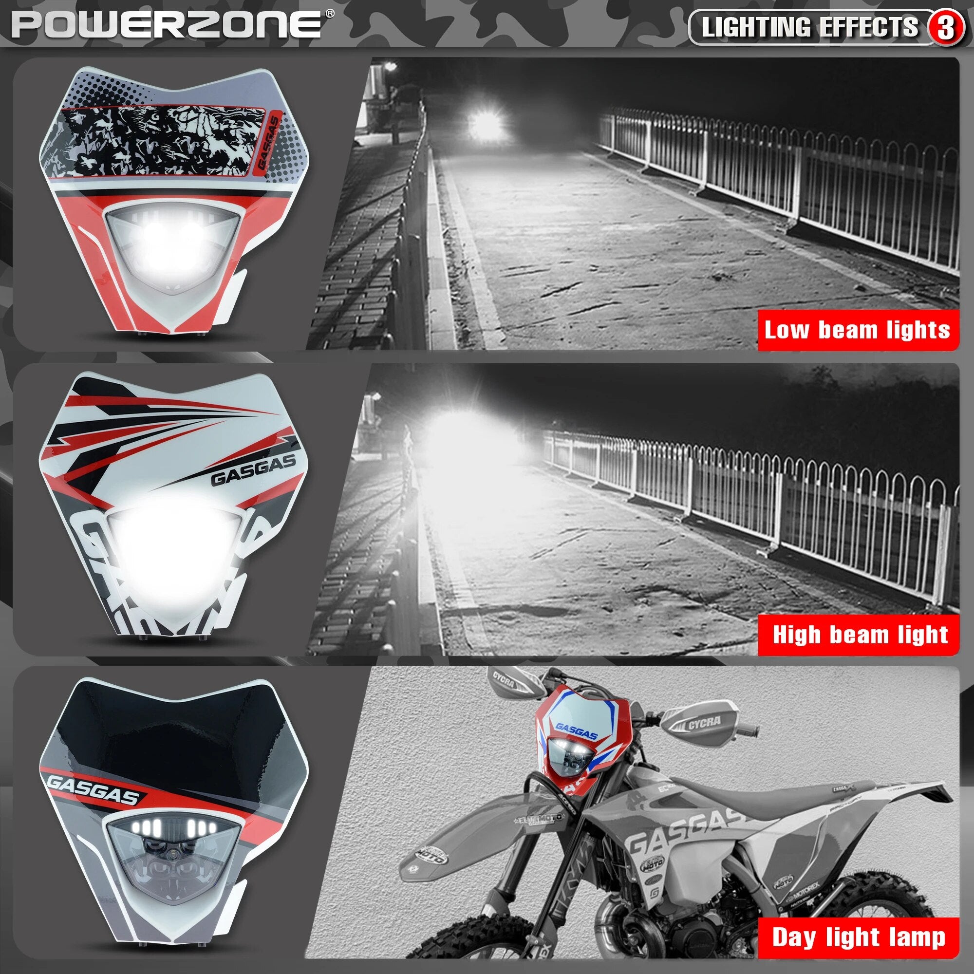 PowerZone Motorcycle LED Headlight Headlamp Supermoto Fairing For GASGAGS  EC MC Universal Light