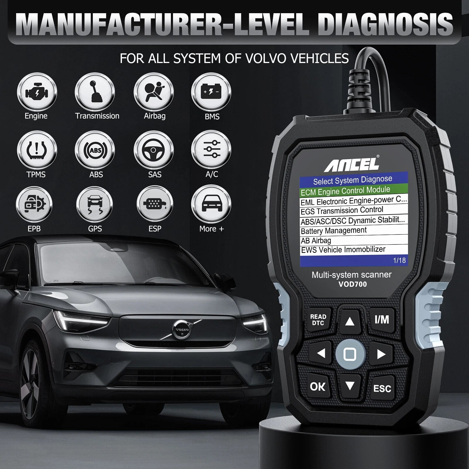ANCEL VOD700 OBD2 Scanner for Volvo Car Code Reader Diagnostic Scan Tool ABS Bleeding Injector Oil ETC BMS EPB TPMS DPF Reset