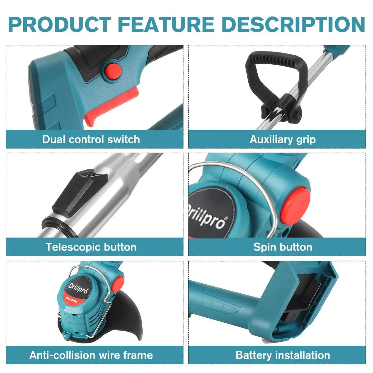 Drillpro 21V 900W Electric Lawn Mower Cordless Grass Trimmer Pruning Garden Tool Rechargeable 2 Batteries for Makita 18V Battery