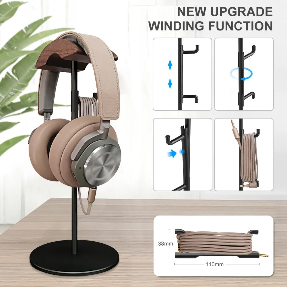 Black Walnut Wood & Aluminum Headphone Stand Nature Walnut Gaming Headset Holder with Solid Metal Base for Table Desk Display