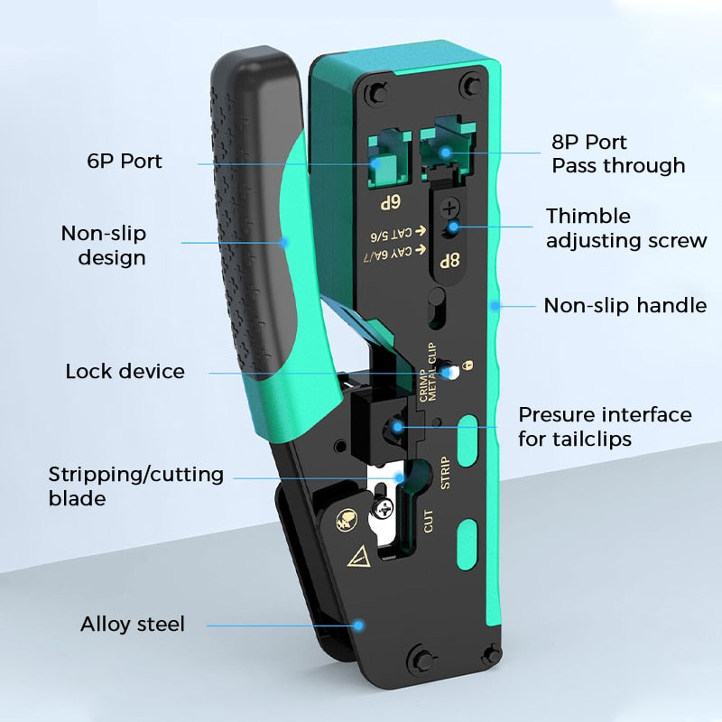 ZoeRax RJ45 Crimping Tool Pass Through, Professional Grade Ethernet Cable Crimper for Cat7 Cat6A Cat6 Cat5E Cat5 Modular Plugs