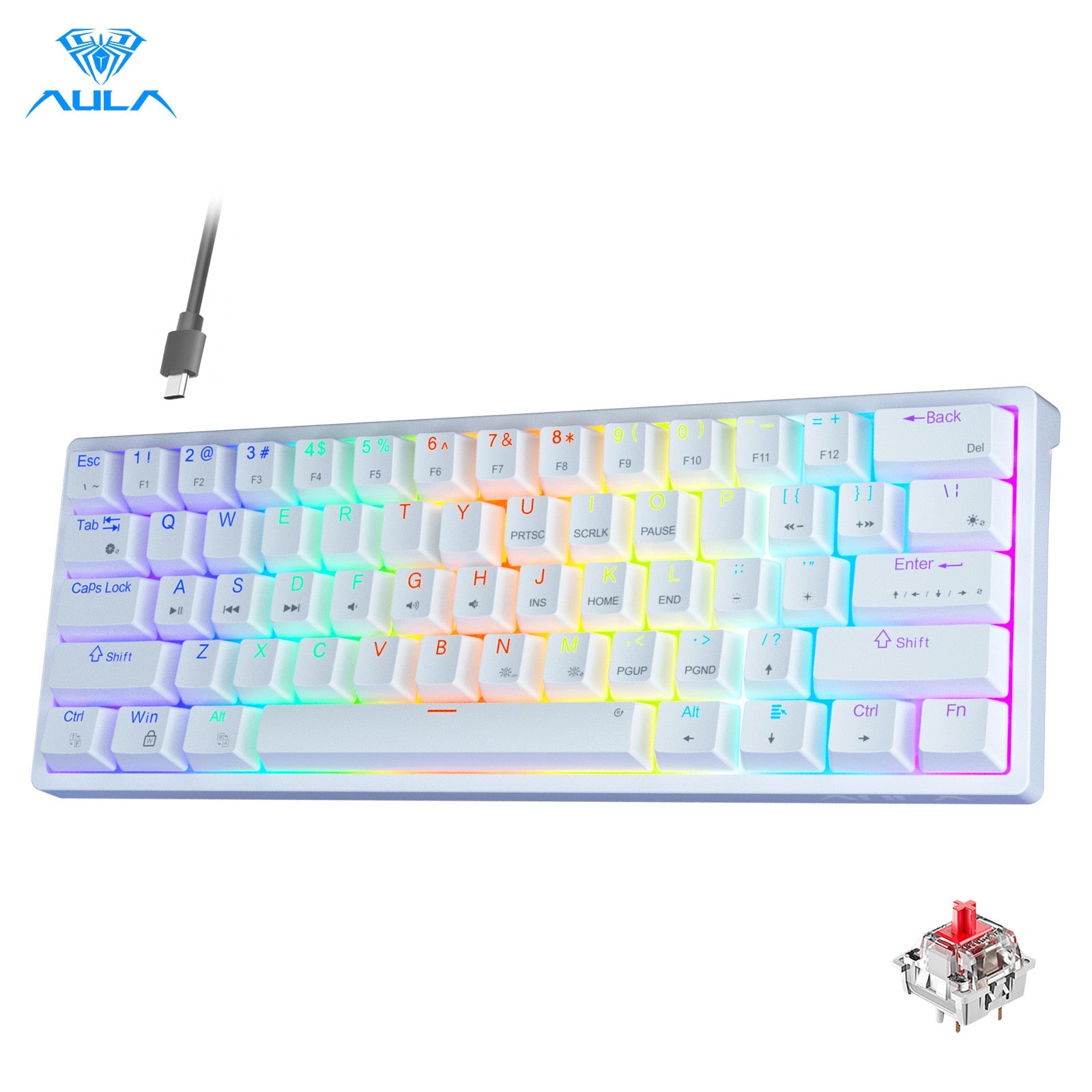 AULA F3261 RGB effect USB Mini Mechanical Gaming Keyboard Red Switch 61 Keys Wired Separated detachable cable for Mac Windows