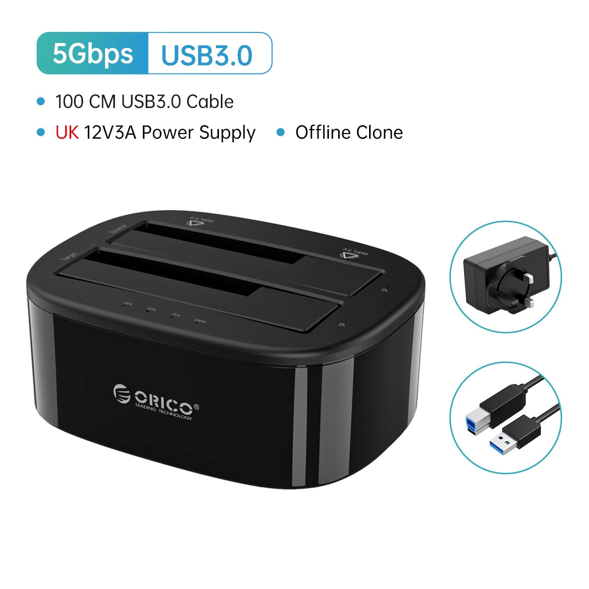 ORICO Dual Bay HDD Docking Station with Offline Clone SATA to USB 3.0 HDD Clone Docking Station for 2.5/3.5'' SSD HDD Enclosure