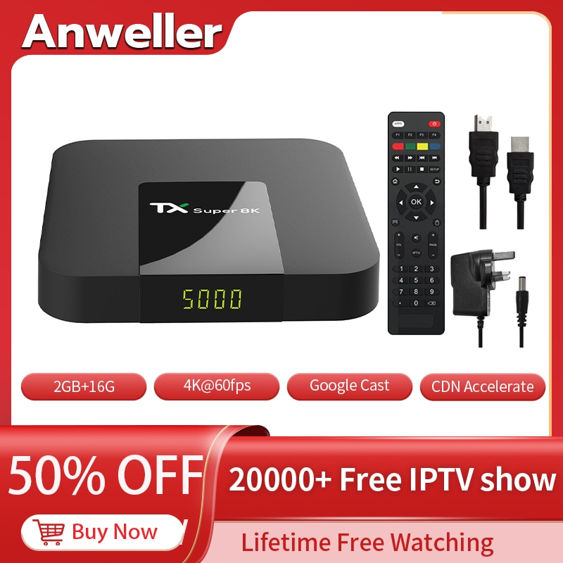Android Smart TV Box with 20000+ Free IPTV Shows TX Super 8K Global Market Media Player Wifi TV Set Top Box EU UK US AU Plug