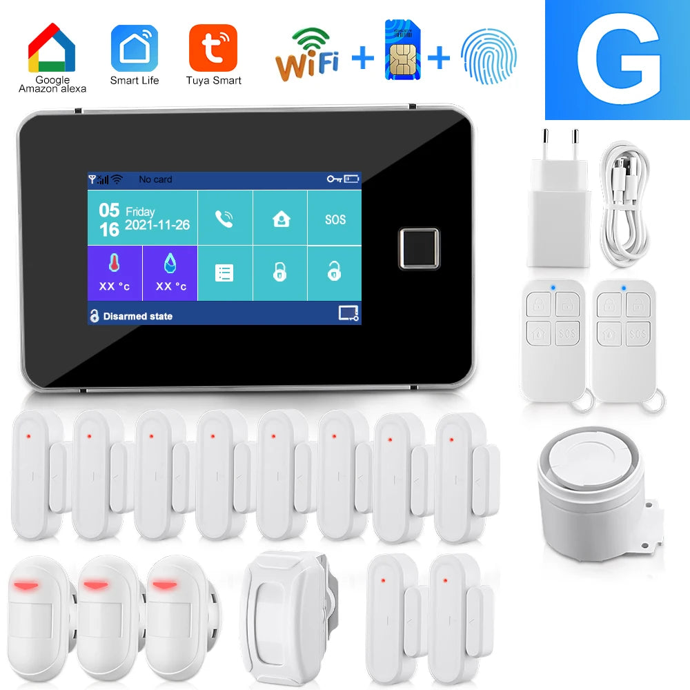 Camaroca Tuya WiFi Alarm System GSM Smart Home Security Wireless Sensor Touch Screen Fingerprint Alarm Kit Works With Alexa