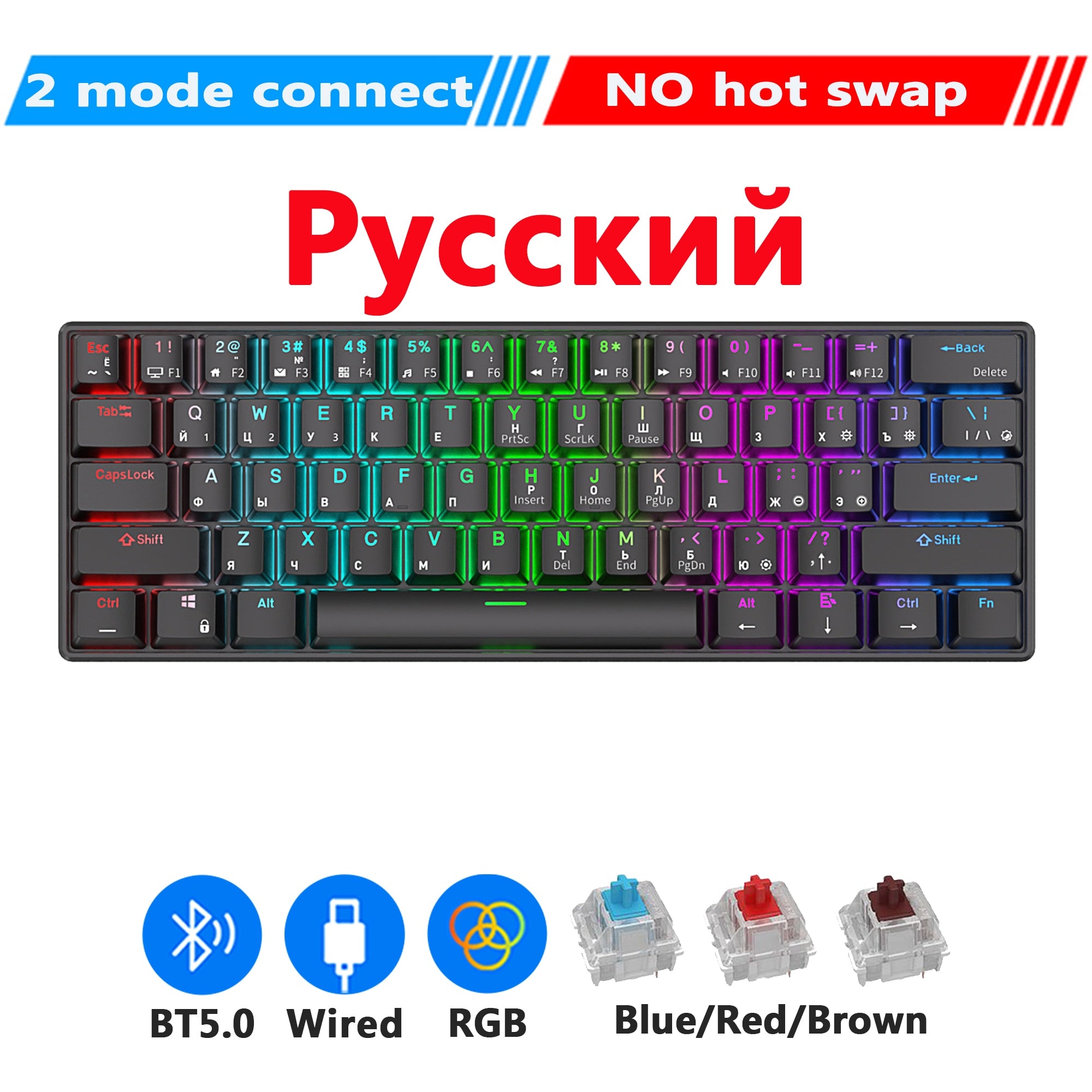 RK61 Royal Kludge Wireless Mechanical Keyboard Tri-Mode Bluetooth 5.0/2.4G/USB-C RGB Backlit 61 Key Hot-Swappable Gamer Keyboard