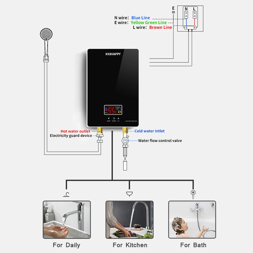 220V 6000W Instant Tankless Electric Hot Water Heater Bathroom Kitchen Instant Heating Tap Demand Water Heater with LCD Display