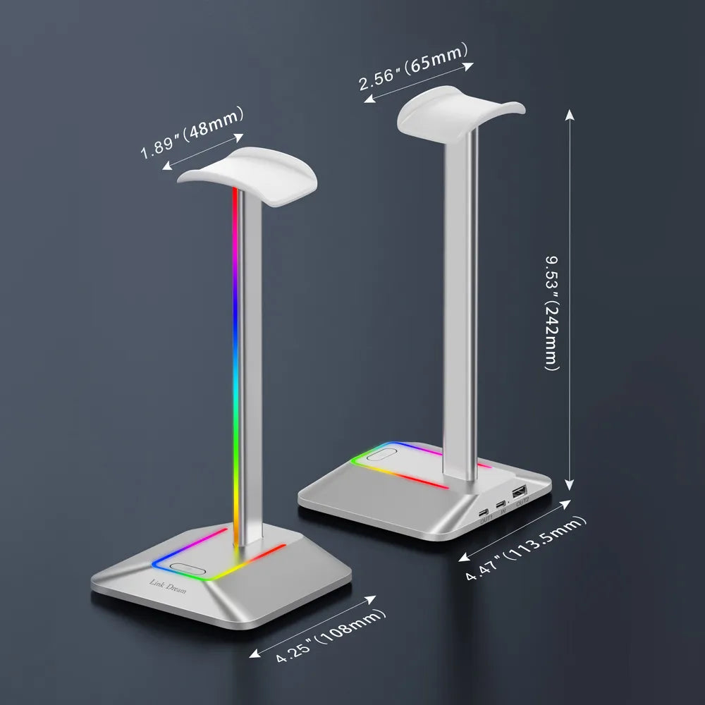 Link Dream RGB Headphone Stand with Type-c USB Ports Headphone Holder Gaming Headsets Stand Earphone Accessories Hanger Silver