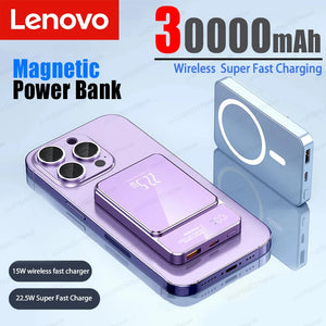 Lenovo 30000mah Magnetic Wireless Charger Power Bank 22.5w Fast Charging For Iphone15 14 Huawei Xiaomi Samsung Mini Powerbank