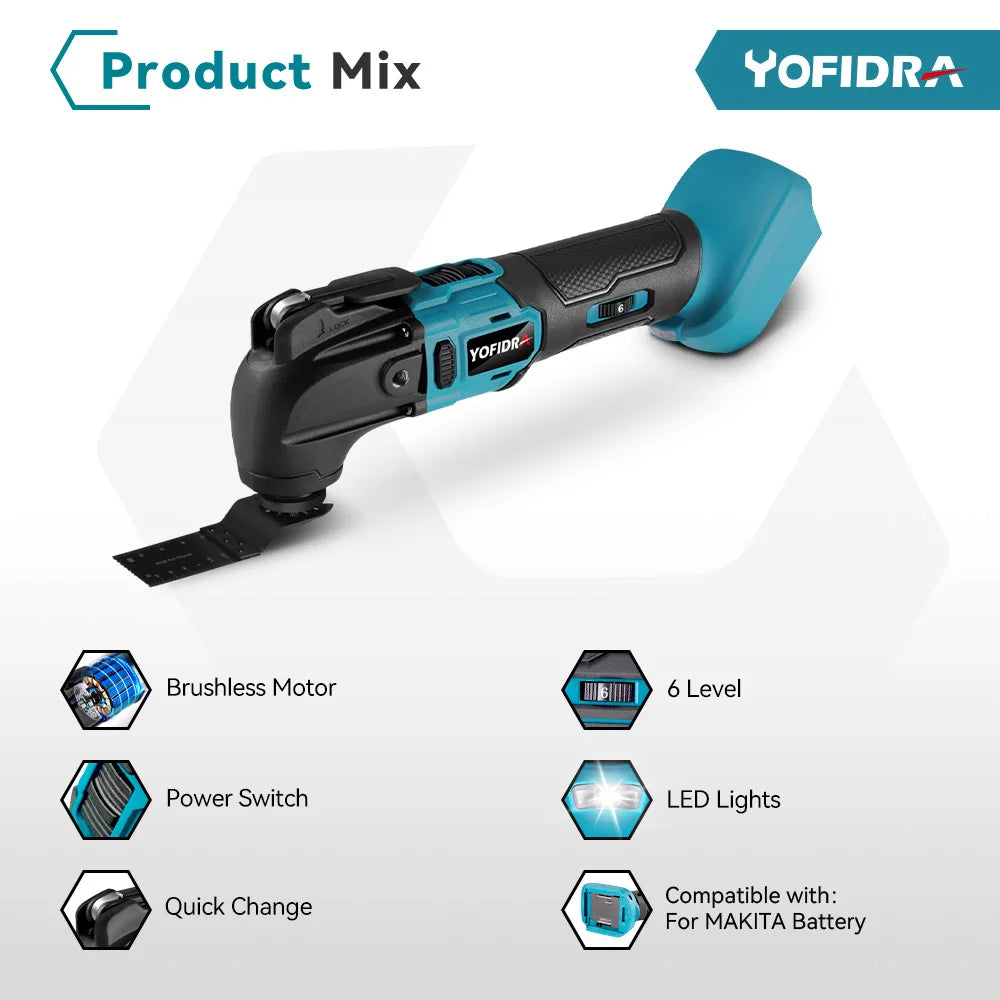 Yofidra Brushless Oscillating Multi Function Tool for Makita 18V Battery Electric Saw Trimmer Shovel Polisher Woodworking Tool