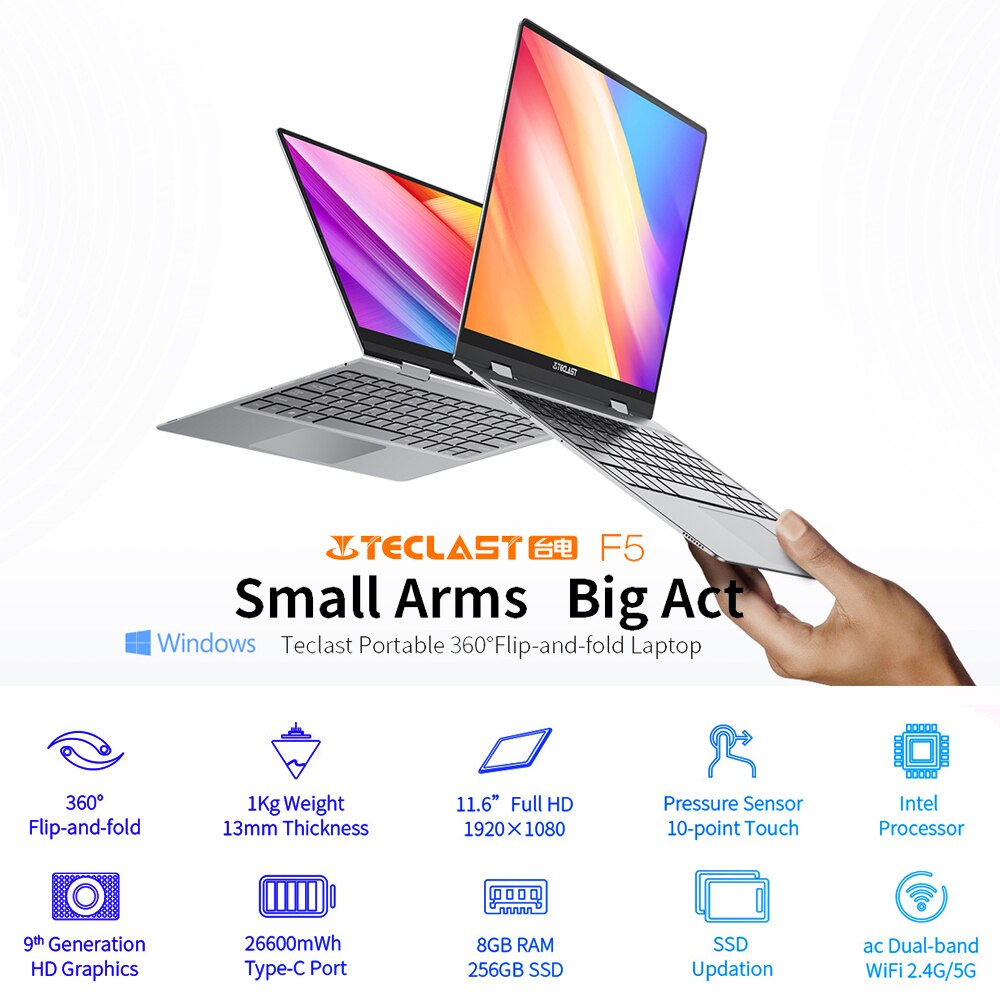 Teclast F5 Quick Charge 360 Rotating Touch Screen Laptop 11.6 inch inte 1920*1080 8GB RAM 256GB SSD Win 10  Notebook