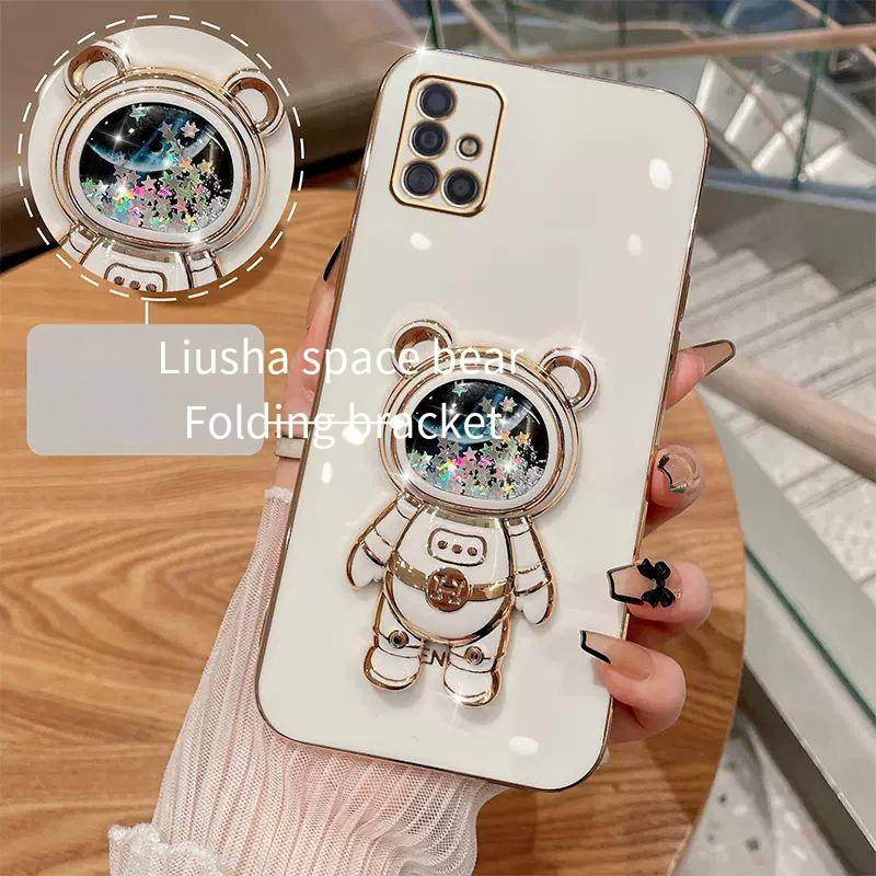 Space bear quicksand mobile phone bracket Case for Samsung Galaxy A51 A71 A11 A21S A31 A10 A20 A30 A50 A70 A10S A20S 4G 5G Cover