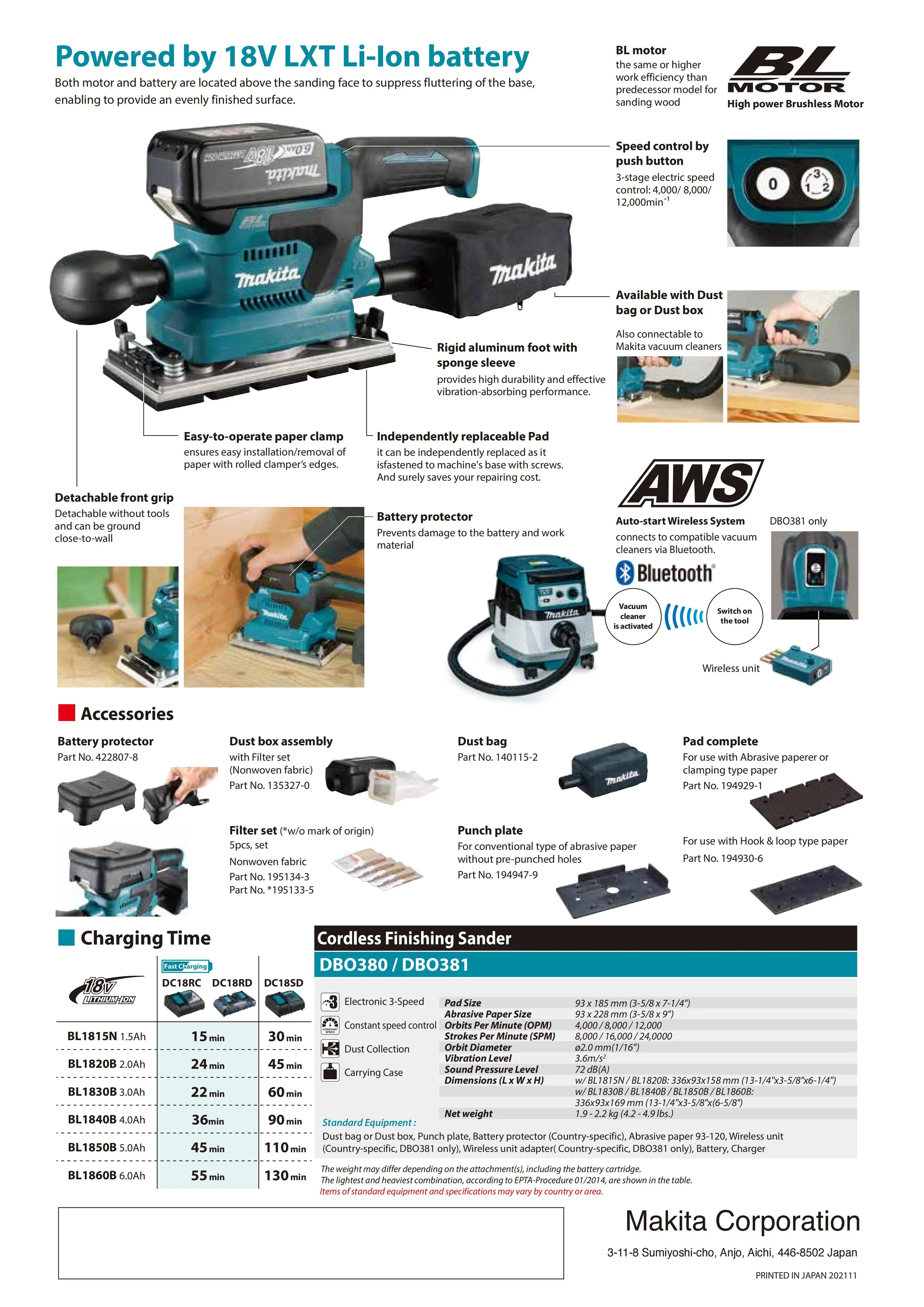 Makita DBO380Z DBO381Z Brushless Cordless 1/3 Sheet Finishing Sander 18V Lithium Power Tools LXT