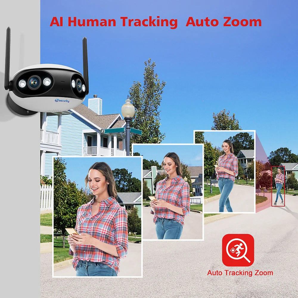 Outdoor WIFI POE IP Camera Dual Lens 180° Wide Angle Panoramic Human/Car Detect Auto Tracking Zoom Security Surveillance Camera