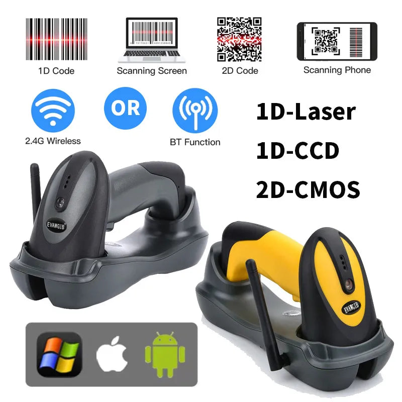 EVAWGIB 3-in-1 Barcode Scanner Handheld 1D/2D/QR Bar Code Reader Support BT 2.4G Wireless USB Wired Connection for Supermarket