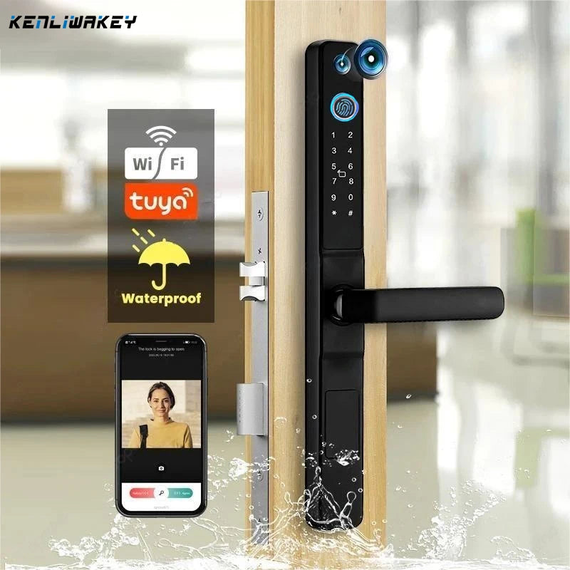 Waterproof Tuya WiFi Camera Biometric Fingerprint Lock RFID Card Code Keyless Electronic Smart Door Lock for Aluminum Glass Door