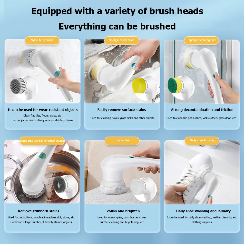 Electric Handheld Scrubber Bathtub Sink Bathroom Kitchen Tile Cleaning Brushes Washing Tool Drill Brush Set with 5 Heads